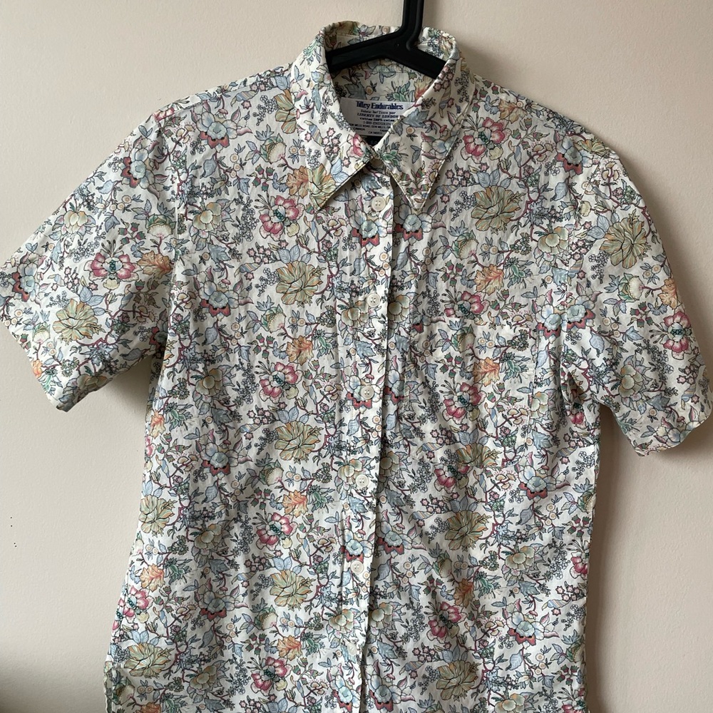 Small floral button up shirt by Tilly Endurables with Liberty of London fabric.